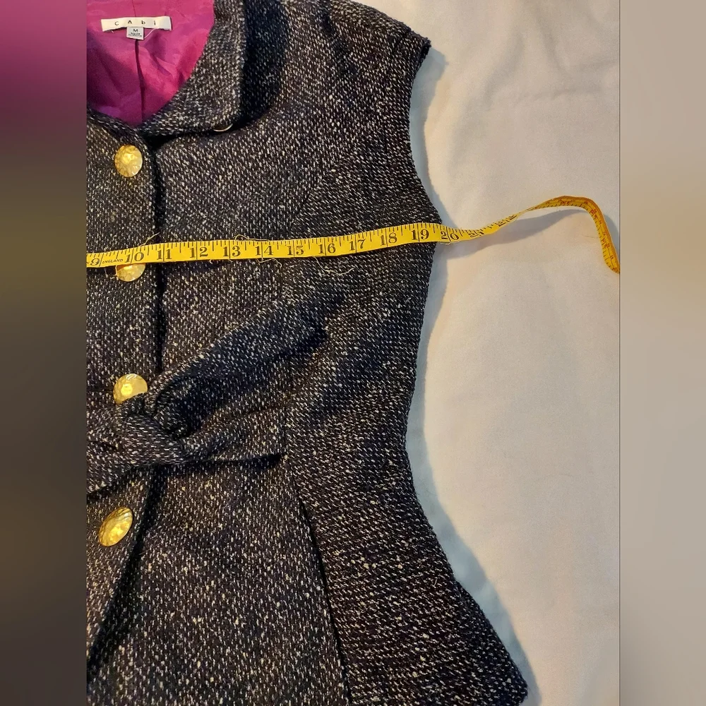 CAbi Tie Front Wool Blend Lined Tweed Vest With Gold Butons - Black/Pink - Picture 6 of 10